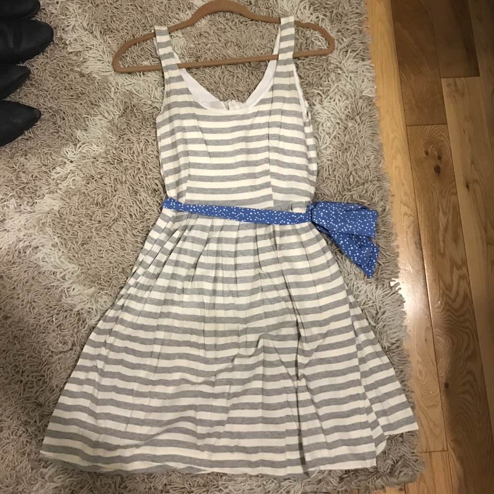 Anthropologie belted grey and white striped dress